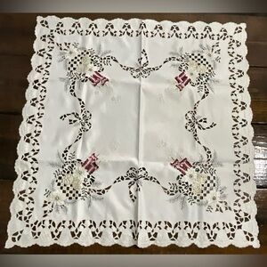 Embroidered Edge Christmas Square Tablecloth 33”x34” Candles